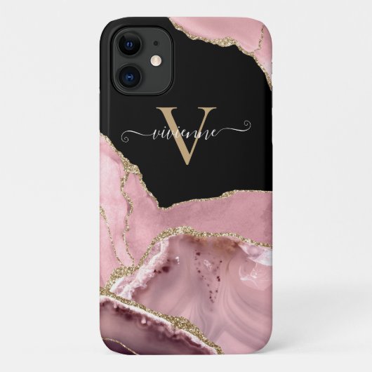 Rose Gold Agate Glitter Monogram Case-Mate iPhone Case (Achterkant)