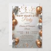 Rose Gold and Silver Balloons New Year's Party Kaart (Voorkant)