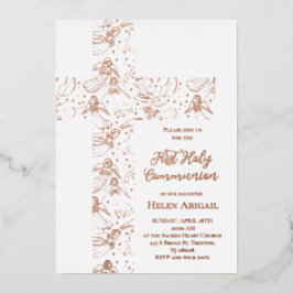 rose gold angels pattern cross First Communion Folie Uitnodiging