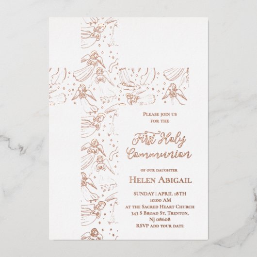rose gold angels pattern cross First Communion Folie Uitnodiging (Voorkant)