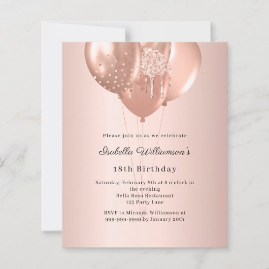 Rose gold balloons birthday invitation (Voorkant)