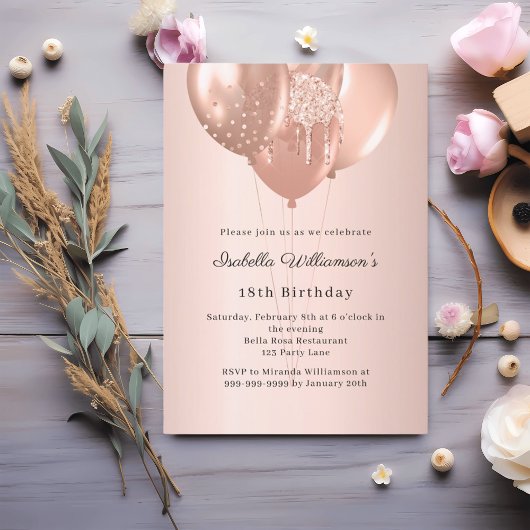 Rose gold balloons birthday  uitnodiging briefkaart