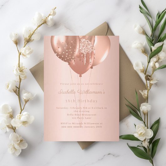 Rose gold balloons luxury birthday  folie uitnodiging