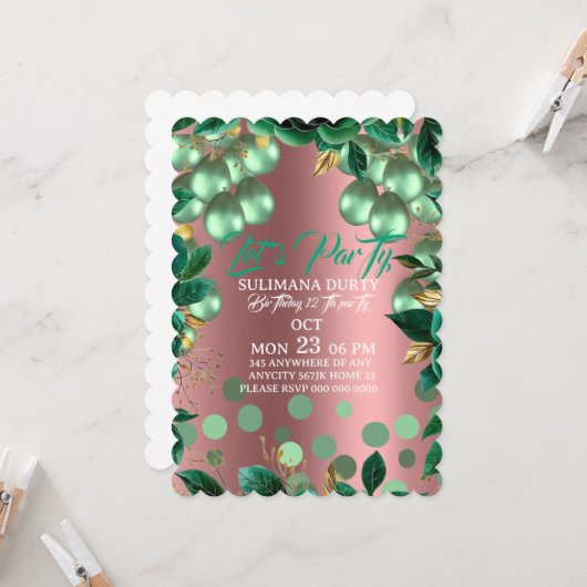 Rose Gold Birthday Invitation Template: Let's Part Kaart (Voorkant / Achterkant in situ)