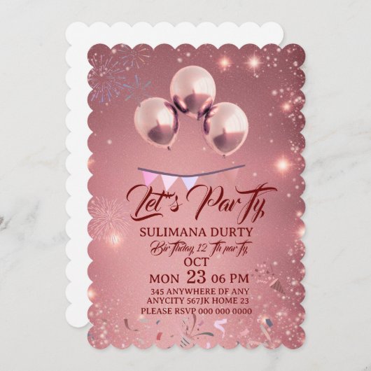 Rose Gold Birthday Invitation Template: Let's Part Save The Date (Voorkant / Achterkant)