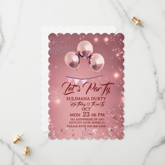 Rose Gold Birthday Invitation Template: Let's Part Save The Date (Voorkant / Achterkant in situ)