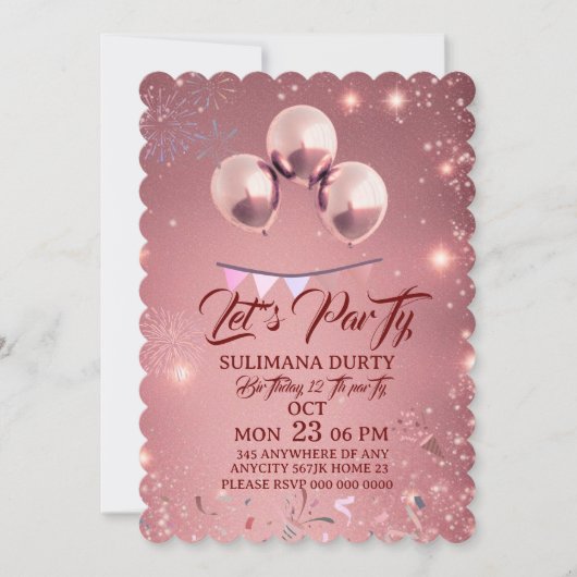 Rose Gold Birthday Invitation Template: Let's Part Save The Date (Voorkant)
