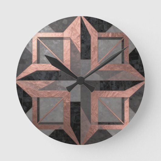 Rose Gold Black Geometric Marble Ronde Klok (Voorkant)