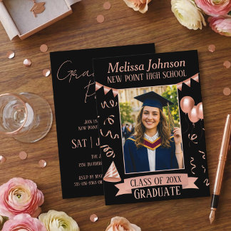 Rose Gold & Black Grad Party Photo Invitation Kaart