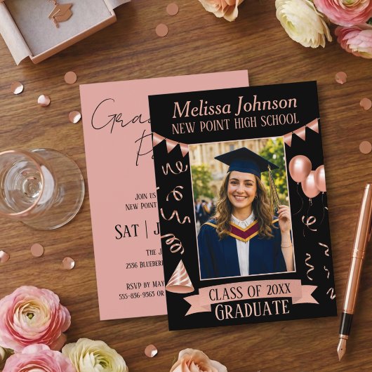 Rose Gold & Black Grad Party Photo Invitation Kaart