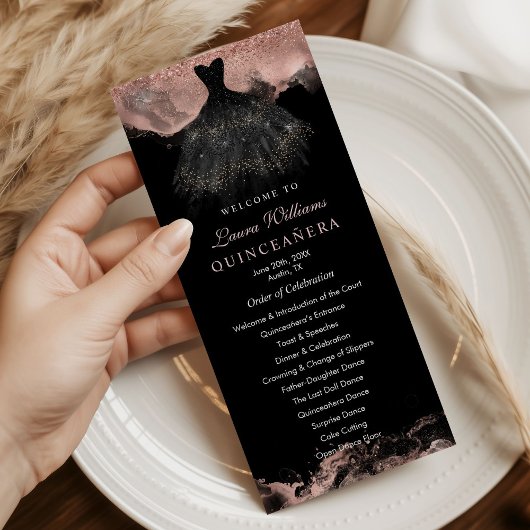 Rose Gold & Black Quinceañera Order of Events Programmakaart