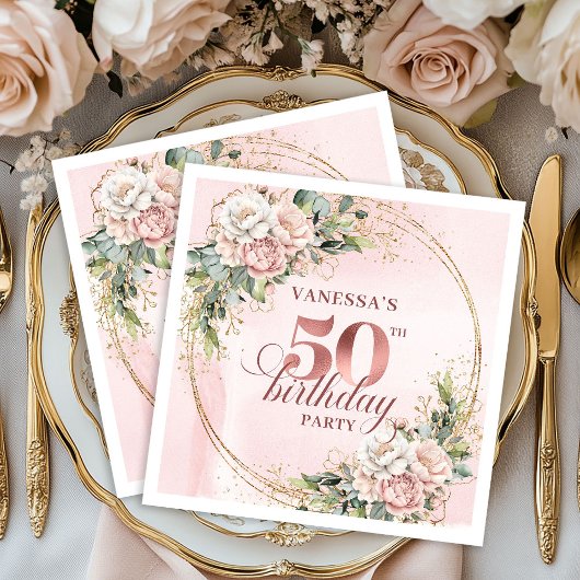 Rose Gold Blush Eucalyptus 50th Birthday Napkins Servet