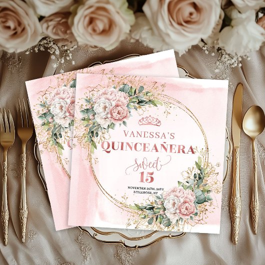 Rose Gold Blush Floral Greenery Napkin Mis Quince Servet