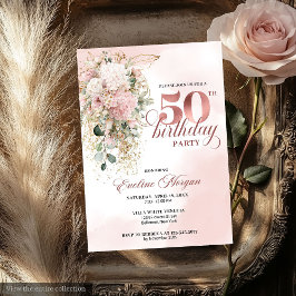 Rose Gold Blush Floral Watercolor 50th Birthday  Kaart