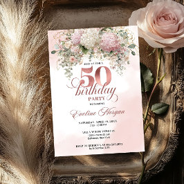 Rose Gold Blush Garden Floral 50th Birthday Invite Kaart