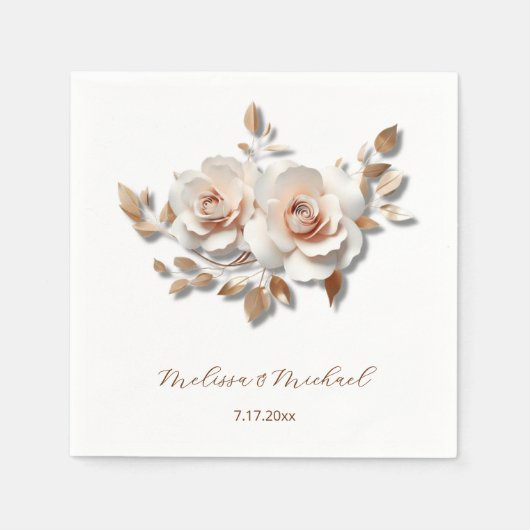 Rose Gold Blush Pink 3D Roses Your Names Wedding Servet (Voorkant)