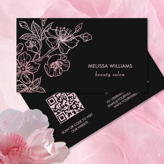 Rose Gold Blush Pink Black Floral | QR Code Visitekaartje