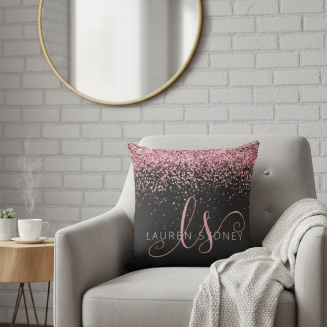 Rose Gold & Blush Pink Glitter Glam Monogram Name Kussen (Creator heeft geüpload)
