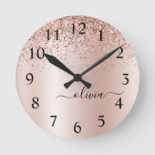 Rose Gold - Blush Pink Glitter Metal Monogram Name Ronde Klok (Voorkant)