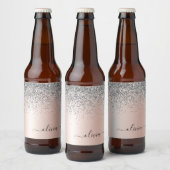 Rose Gold - Blush Pink Silver Glitter Monogram Bier Etiket (Flessen)