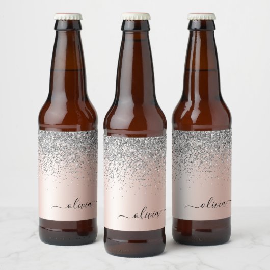 Rose Gold - Blush Pink Silver Glitter Monogram Bier Etiket (Flessen)