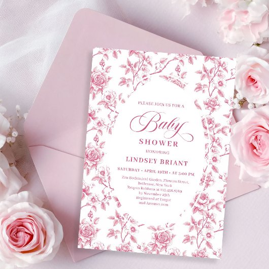 Rose Gold Blush Toile Roses Floral Baby Shower   Kaart