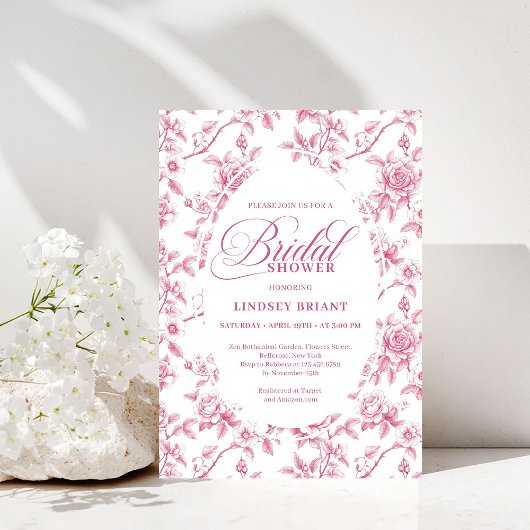 Rose Gold Blush Toile Roses Floral Bridal Shower   Kaart