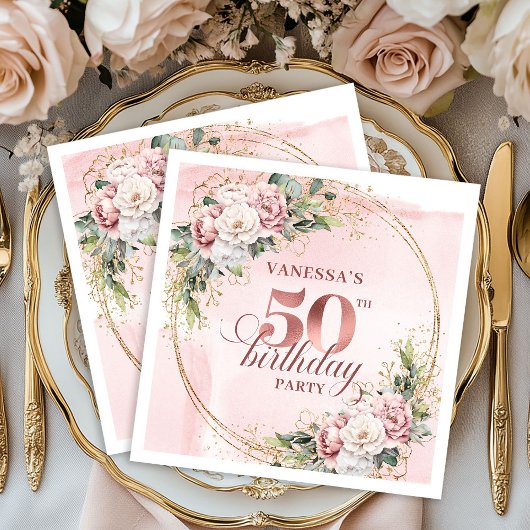 Rose Gold Botanical Blush 50th Birthday Party Servet