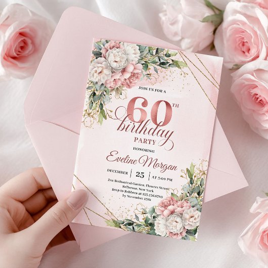 Rose Gold Botanical Greenery 60th Birthday Invites Kaart