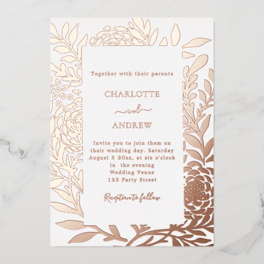 Rose gold botanical luxury wedding folie uitnodiging (Voorkant)