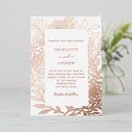 Rose gold botanical luxury wedding folie uitnodiging (Staand Voorkant)