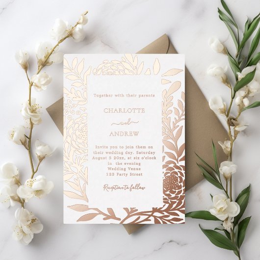 Rose gold botanical luxury wedding folie uitnodiging