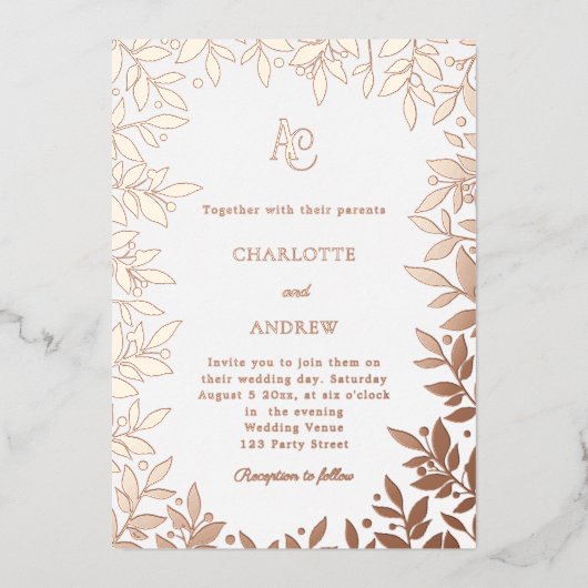 Rose gold botanical monogram luxury wedding folie uitnodiging (Voorkant)