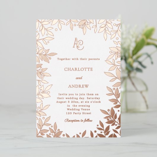Rose gold botanical monogram luxury wedding folie uitnodiging (Staand Voorkant)