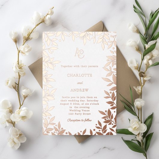 Rose gold botanical monogram luxury wedding folie uitnodiging