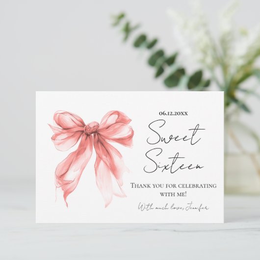 Rose Gold Bow Coquette Script Sweet 16 Thank You  Bedankkaart (Staand voorkant)