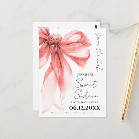 Rose Gold Bow Coquette Sweet 16 Save the Date  Briefkaart (Voorkant / Achterkant in situ)