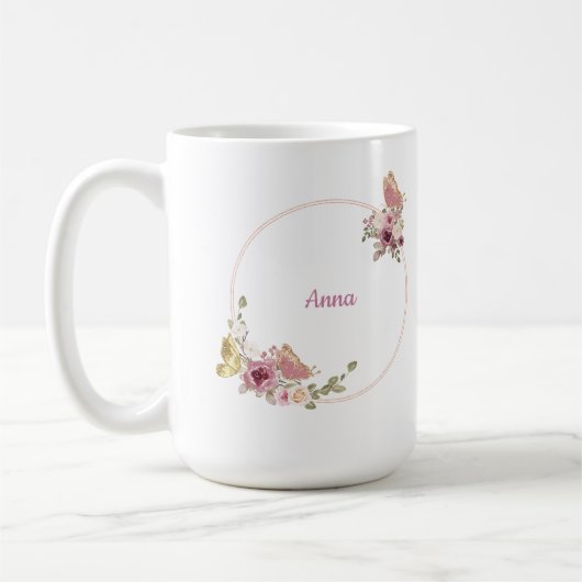Rose Gold Butterfly Floral Latte Mug – Custom Name Koffiemok (Links)