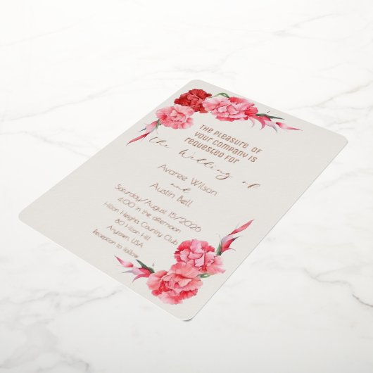 Rose Gold Cloud Dancer White Pink Carnations Folie Uitnodiging (Gedraaid)
