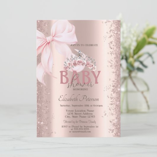 Rose Gold Confetti Pink Bow Crown Baby Shower Kaart (Staand voorkant)