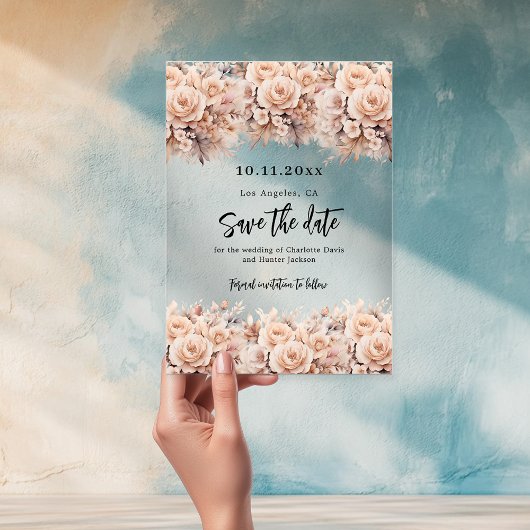Rose gold cream florals wedding save the date card acryl uitnodigingen