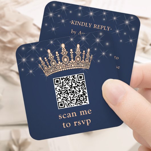 Rose Gold Crown QR Code RSVP Navy Blue Quinceañera Informatiekaartje