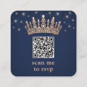 Rose Gold Crown QR Code RSVP Navy Blue Quinceañera Informatiekaartje (Voorkant)