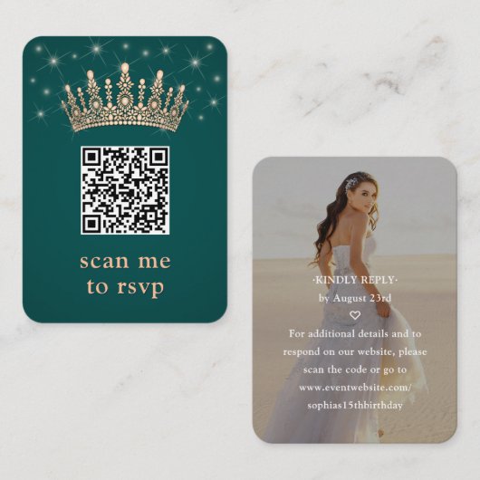 Rose Gold Crown Quinceañera Photo QR RSVP Green Informatiekaartje (Voorkant / Achterkant)