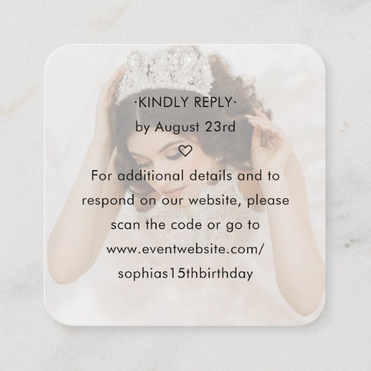 Rose Gold Crown Quinceañera Photo Scan Me QR RSVP Informatiekaartje (Achterkant)