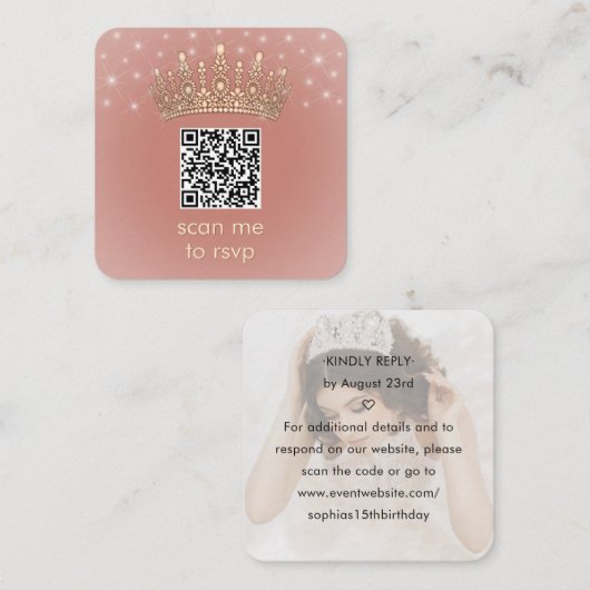Rose Gold Crown Quinceañera Photo Scan Me QR RSVP Informatiekaartje (Voorkant / Achterkant)