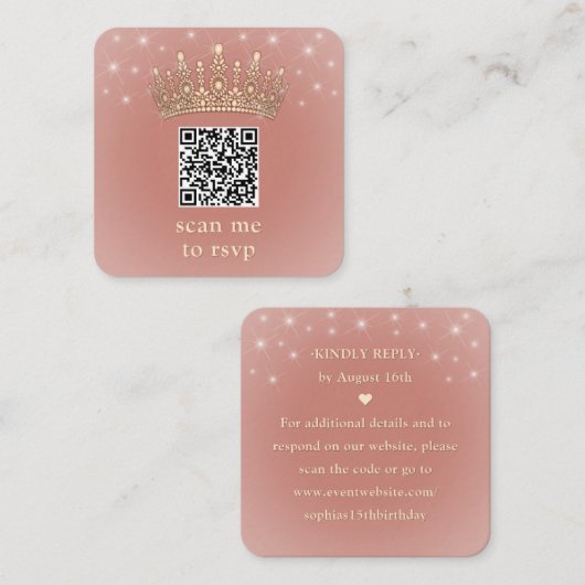 Rose Gold Crown Quinceañera Scan Me QR Code RSVP Informatiekaartje (Voorkant / Achterkant)