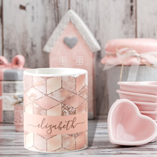 Rose gold cube marble name glittere script koffiemok