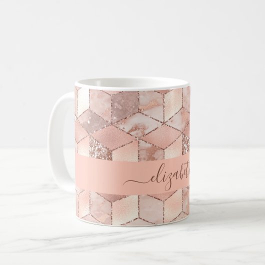 Rose gold cube marble name glittere script koffiemok (Voorkant links)