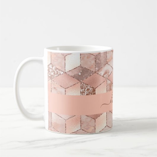 Rose gold cube marble name glittere script koffiemok (Links)